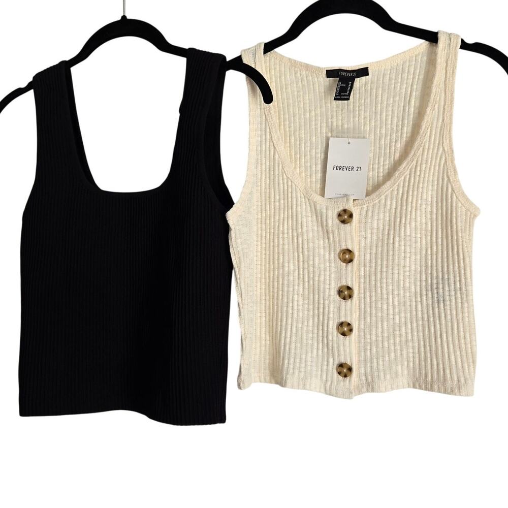 NWT Y2K Lot of 2  Black and Cream Ribbed Tank Tops 90s Clean Girl  Size Medium